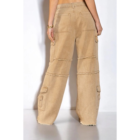 POL Reverse Seamed Relaxed Fit Straight Wide Leg Cargo Jeans in Coffee - Picture 9 of 13